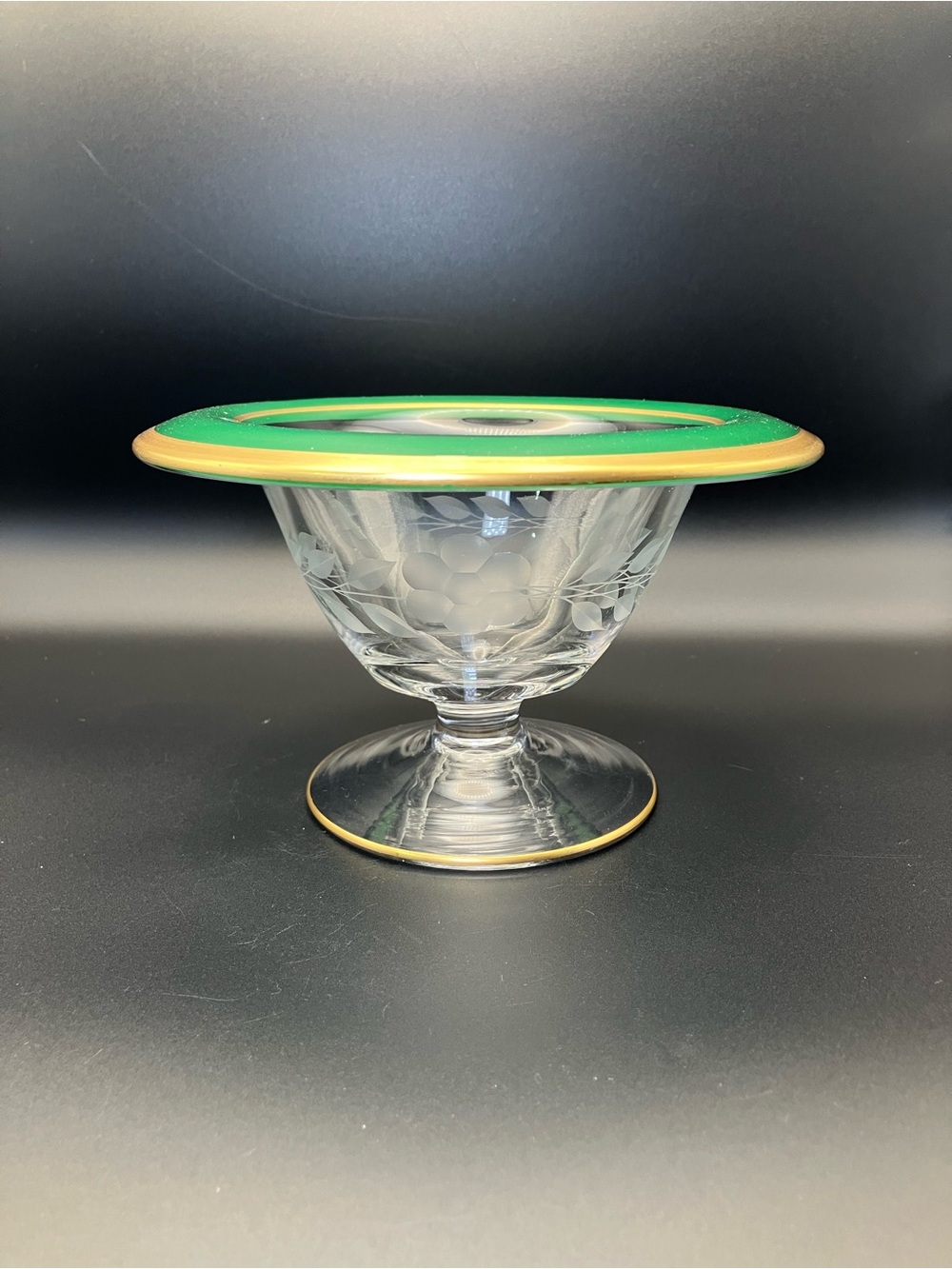 Vintage Glass Compote with Green and Gold Rim